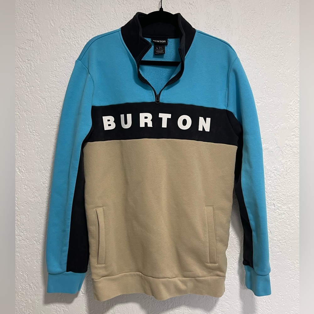 BURTON 1/2 ZIP SWEATER. SIZE LG. 2 POCKETS. BLUE/TAN/BLACK.